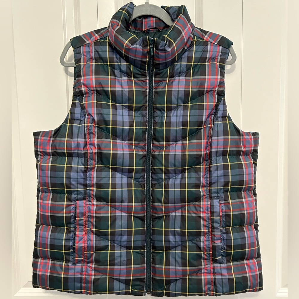 Lands' End Plaid Puffer Vest in Navy, Red & Yellow